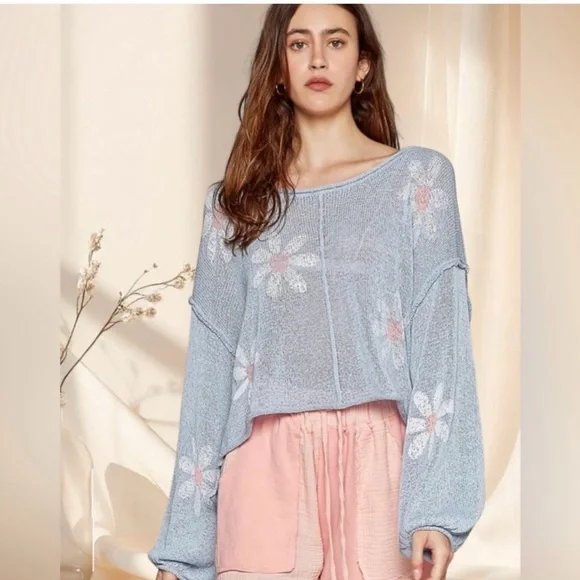 POL Sky Blue Daisy Print Sweater Lightweight Floral Balloon Sleeve Top - Picture 2 of 6